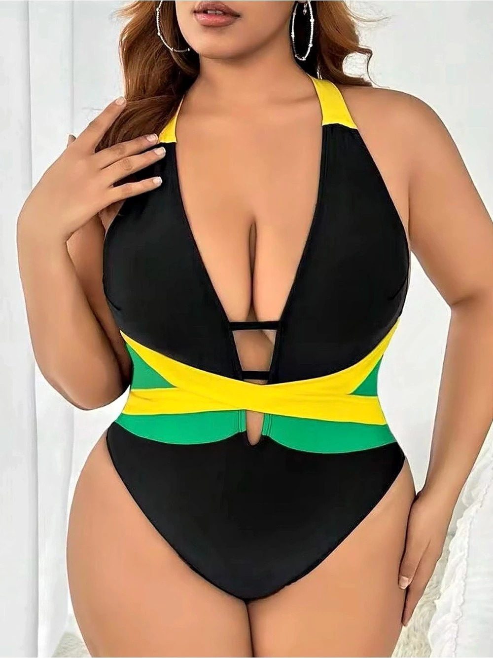 SHEIN Swim Women's Jamaica Flag Graphic Sexy Backless One-Piece Swimsuit Jamaica